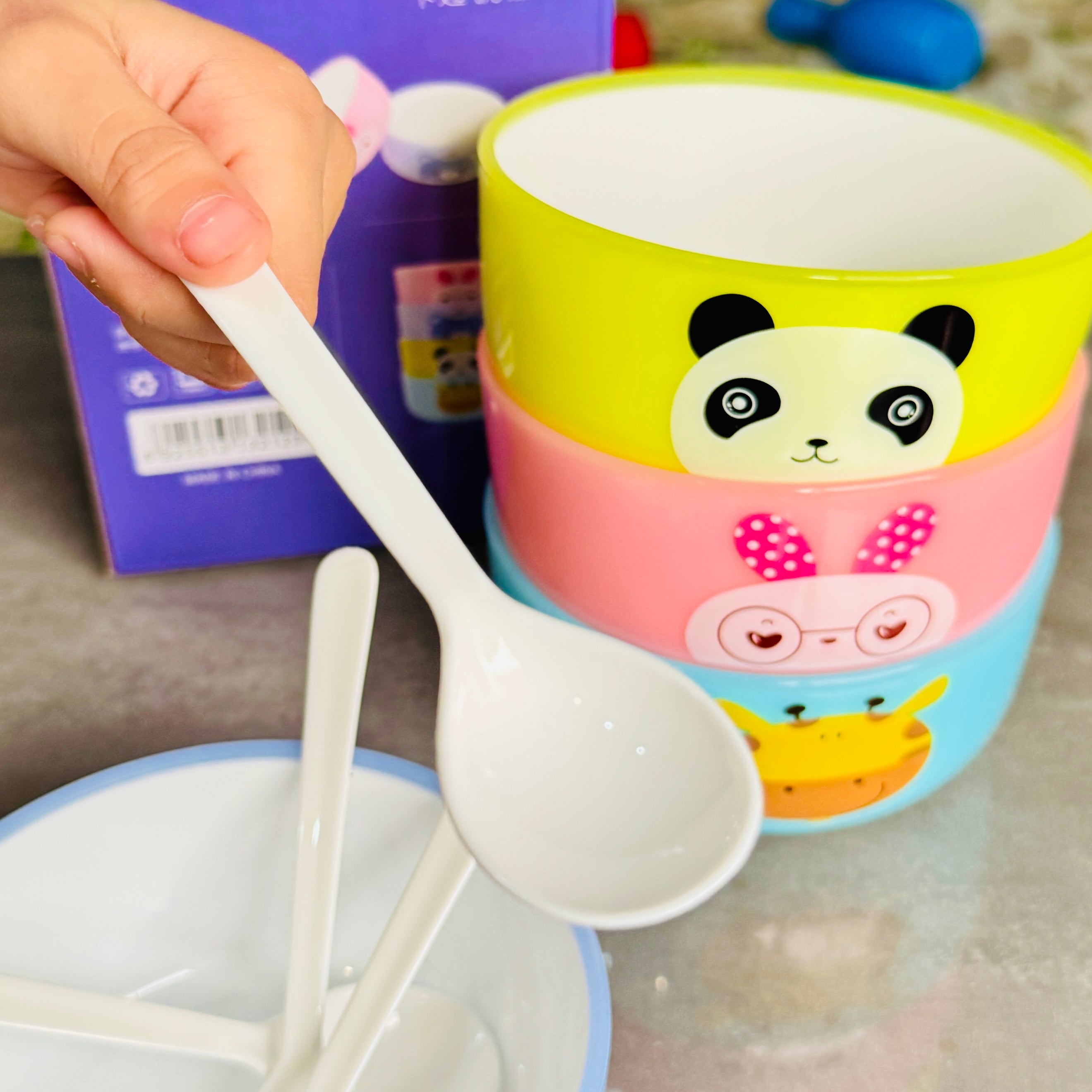 4 Pcs Kids Bowl Set with 4 Spoons | Food Grade, Fun Animated Designs