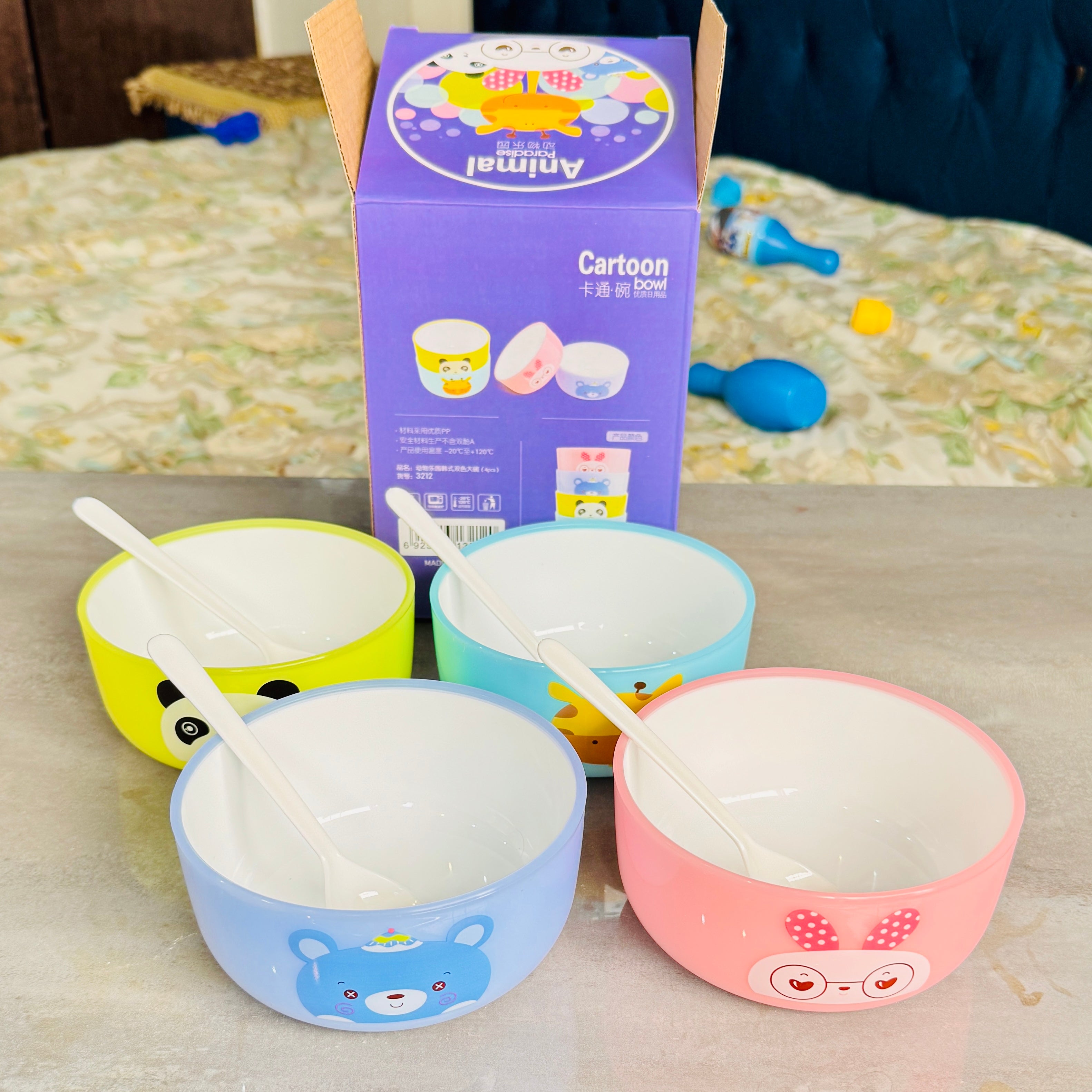 4 Pcs Kids Bowl Set with 4 Spoons | Food Grade, Fun Animated Designs