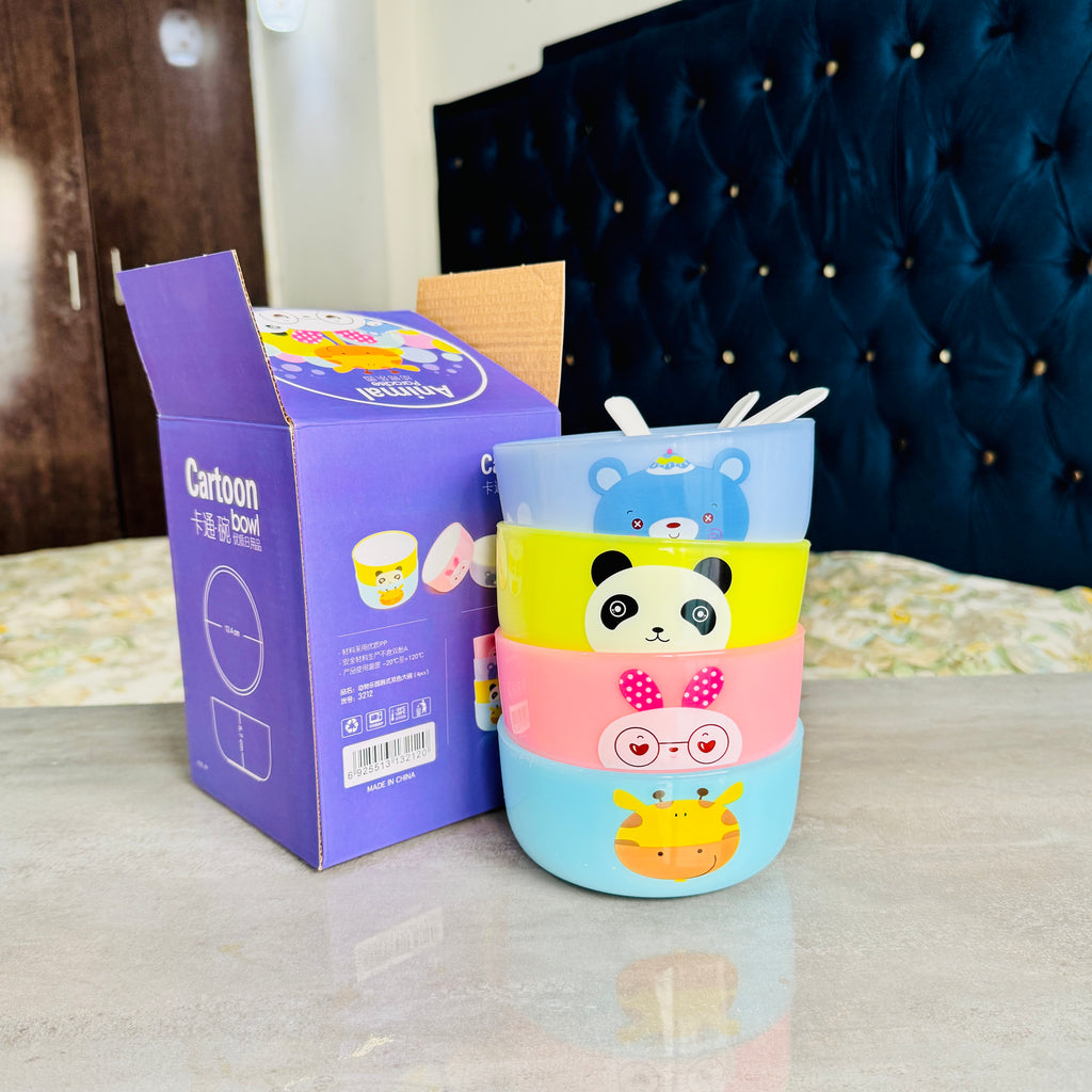 4 Pcs Kids Bowl Set with 4 Spoons | Food Grade, Fun Animated Designs