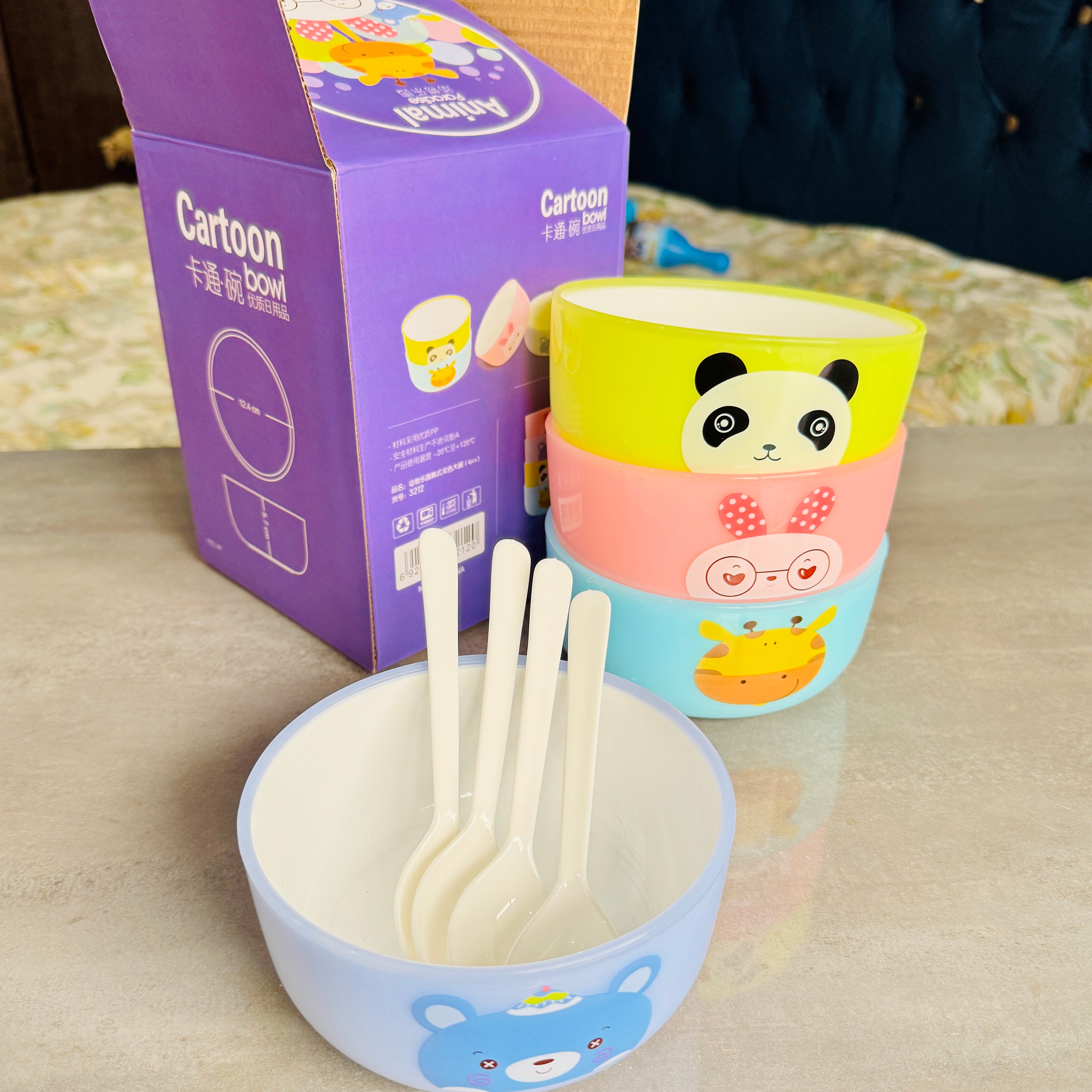 4 Pcs Kids Bowl Set with 4 Spoons | Food Grade, Fun Animated Designs